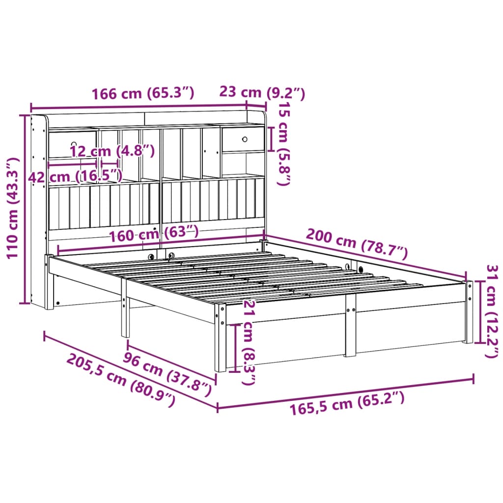 Cama com estante sem colchão 160x200 cm pinho maciço