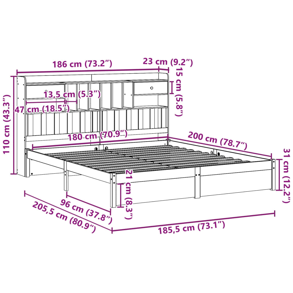 Cama com estante sem colchão 180x200 cm pinho maciço branco