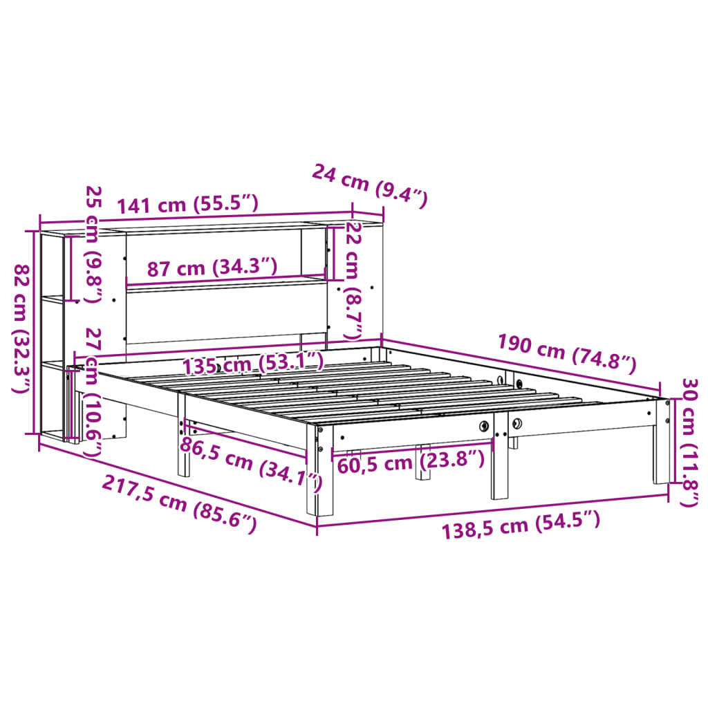 Cama com estante sem colchão 135x190 cm pinho maciço branco