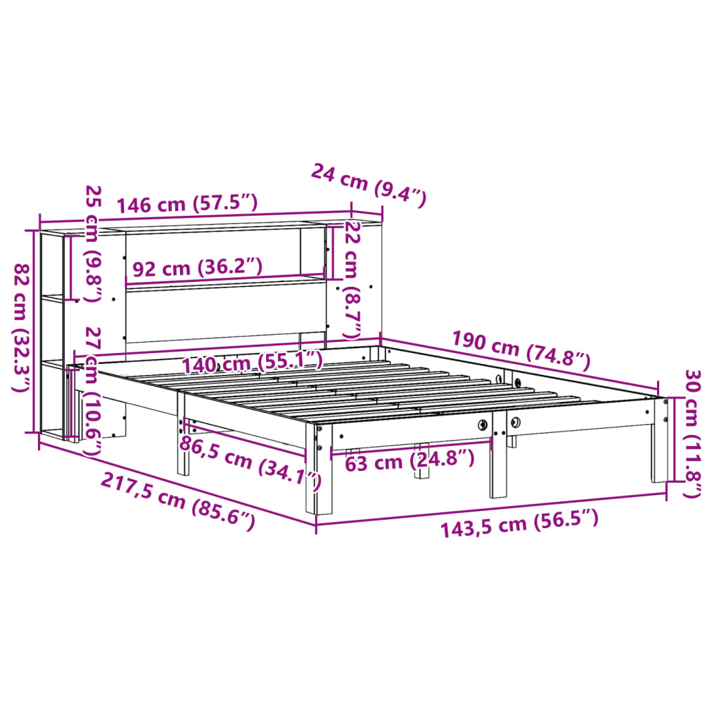 Cama com estante sem colchão 140x190 cm pinho maciço