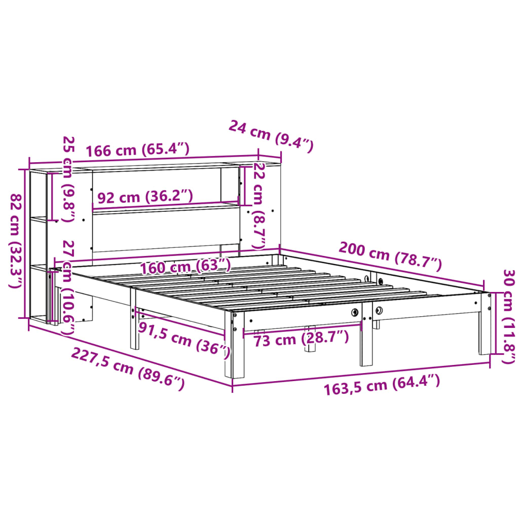 Cama com estante sem colchão 160x200 cm pinho maciço branco