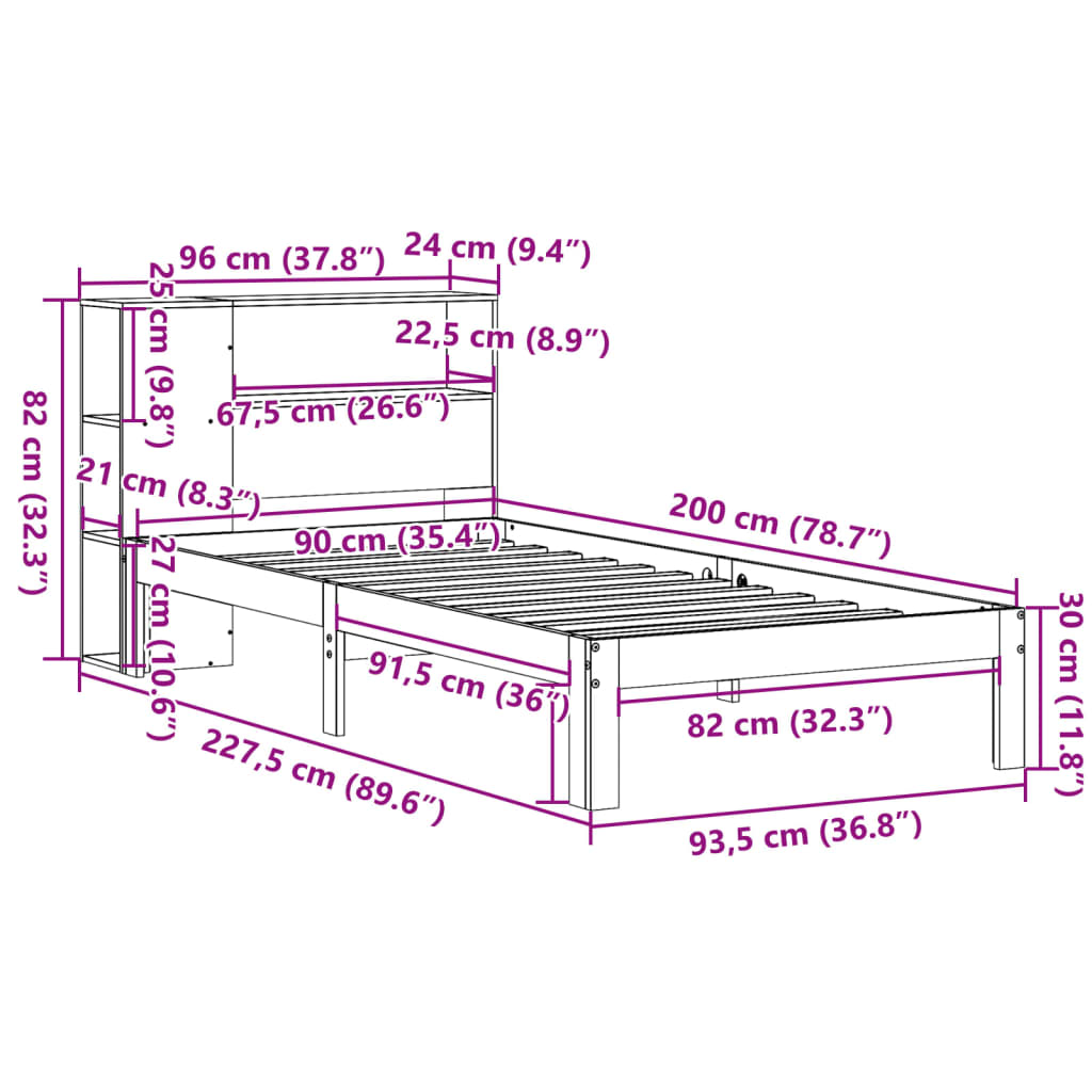 Cama com estante sem colchão 90x200 cm pinho maciço branco