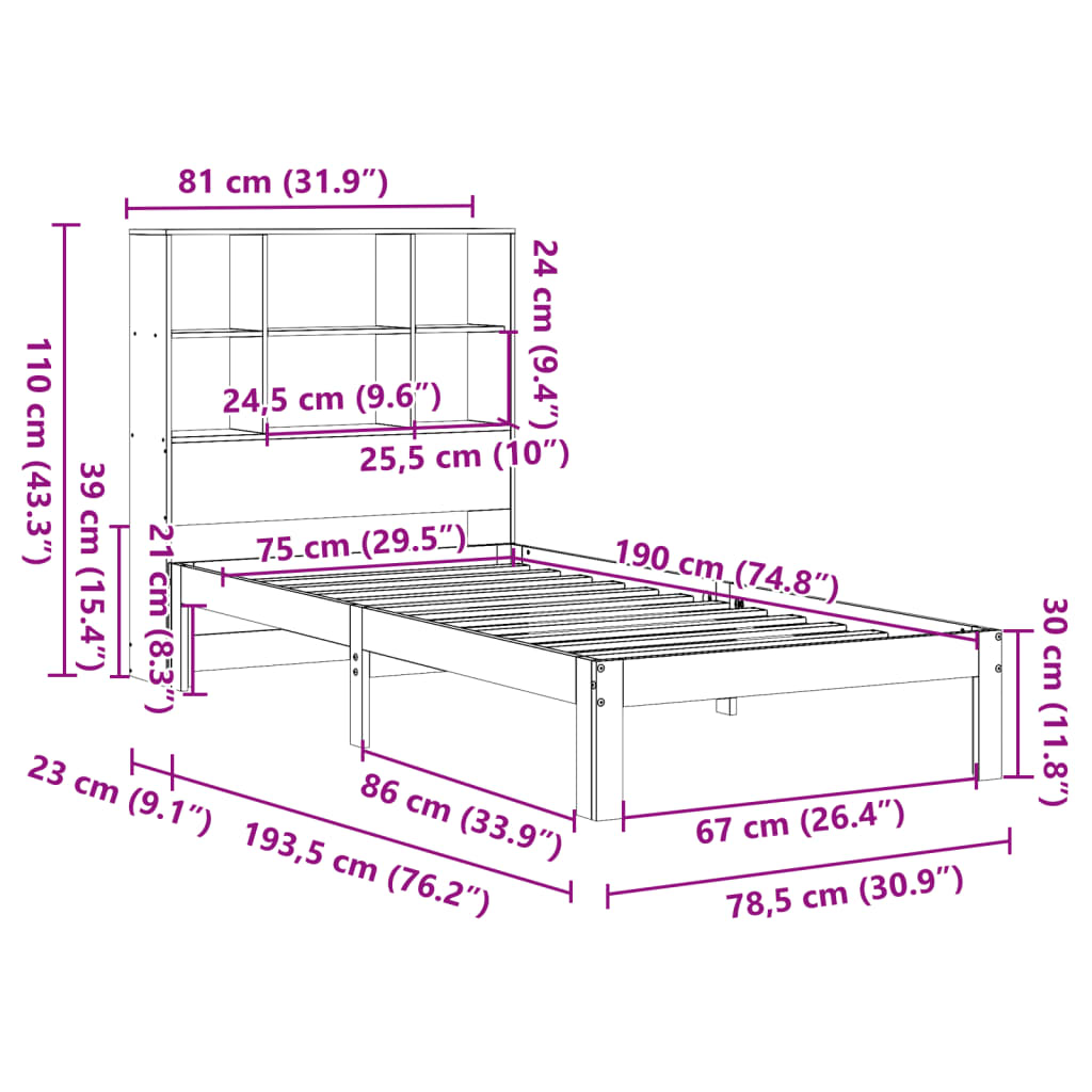 Cama com estante sem colchão 75x190 cm pinho maciço branco