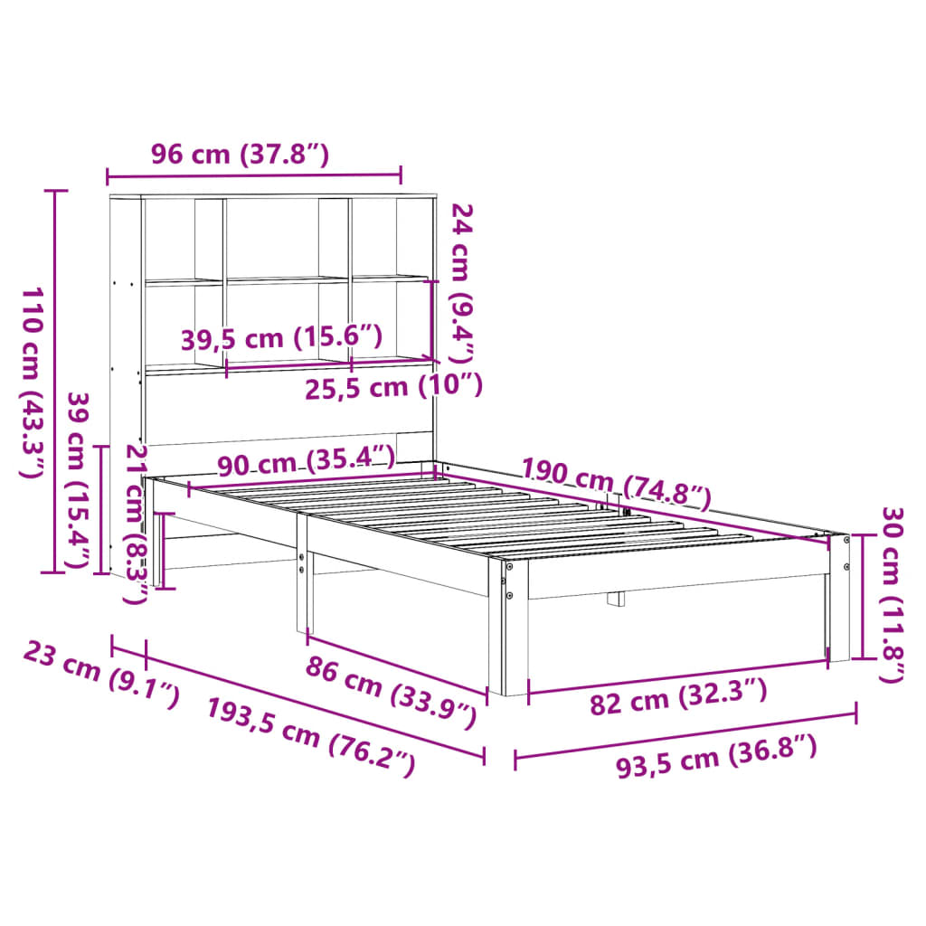 Cama com estante sem colchão 90x190 cm pinho maciço