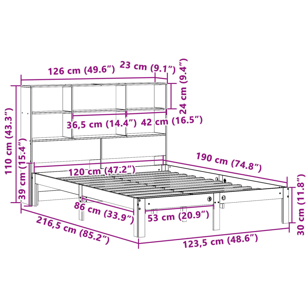 Cama com estante sem colchão 120x190 cm pinho maciço