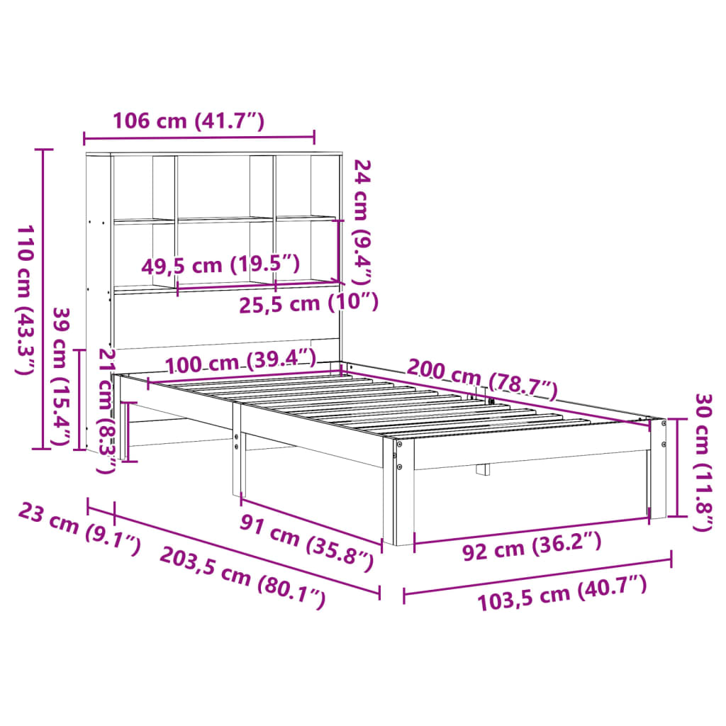 Cama com estante sem colchão 100x200 cm pinho maciço