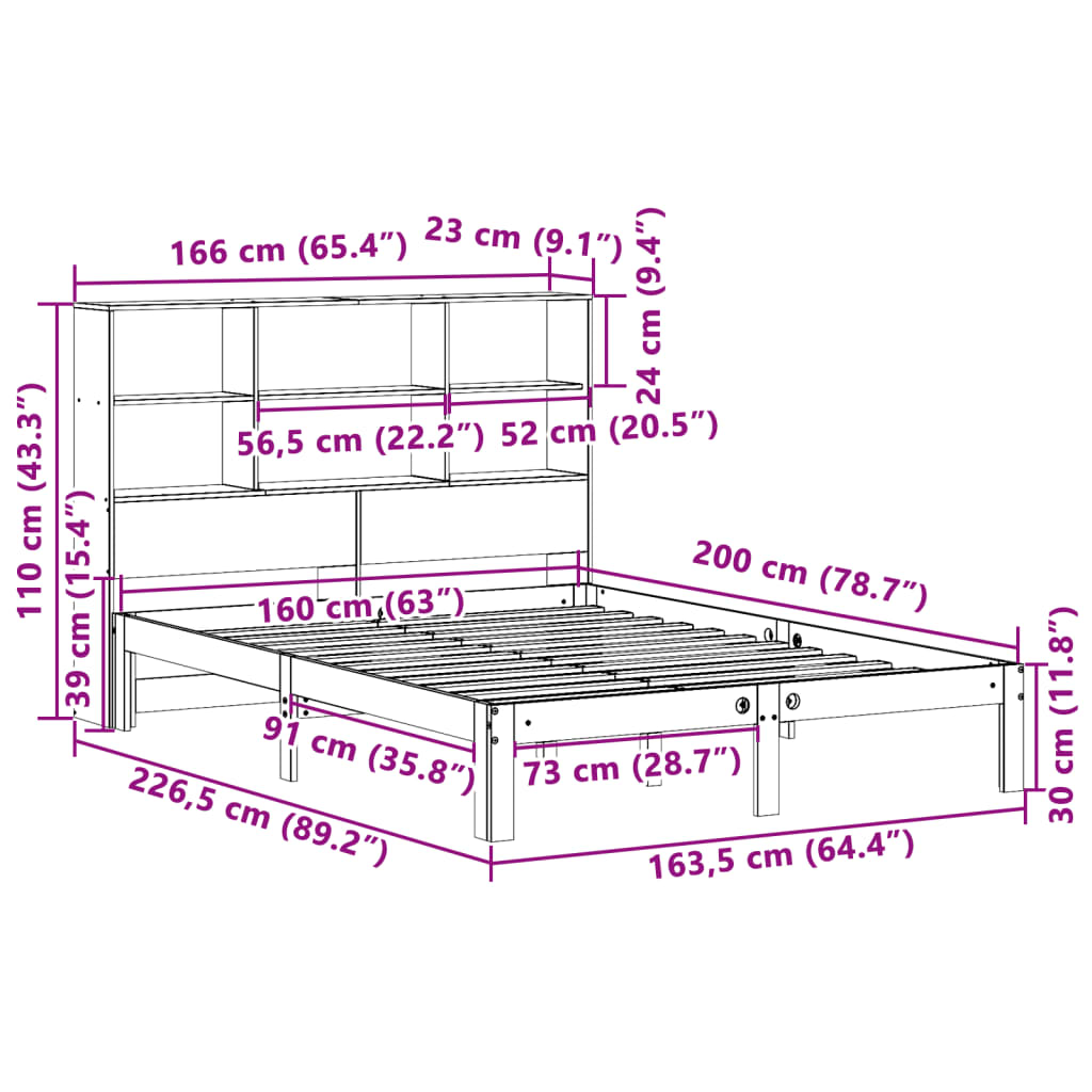 Cama com estante sem colchão 160x200 cm pinho maciço branco