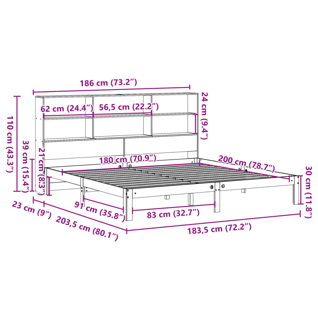 Cama com estante sem colchão 180x200 cm pinho maciço branco