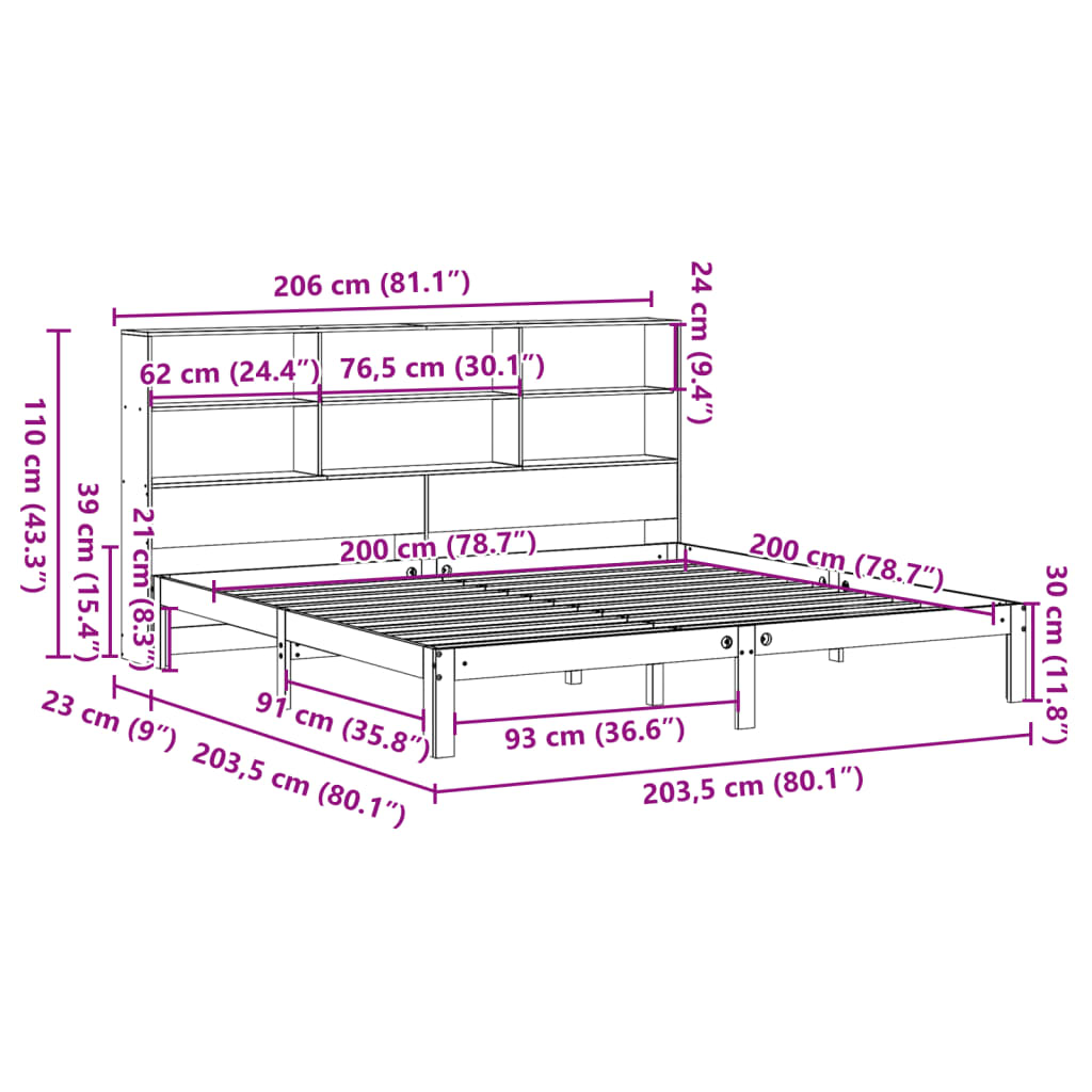 Cama com estante sem colchão 200x200 cm pinho maciço branco