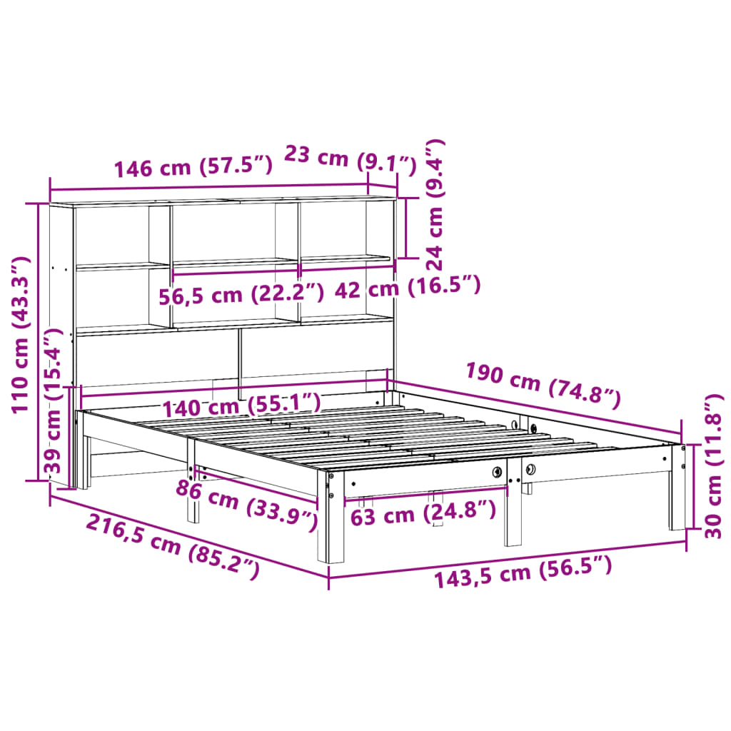 Cama com estante sem colchão 140x190 cm pinho maciço