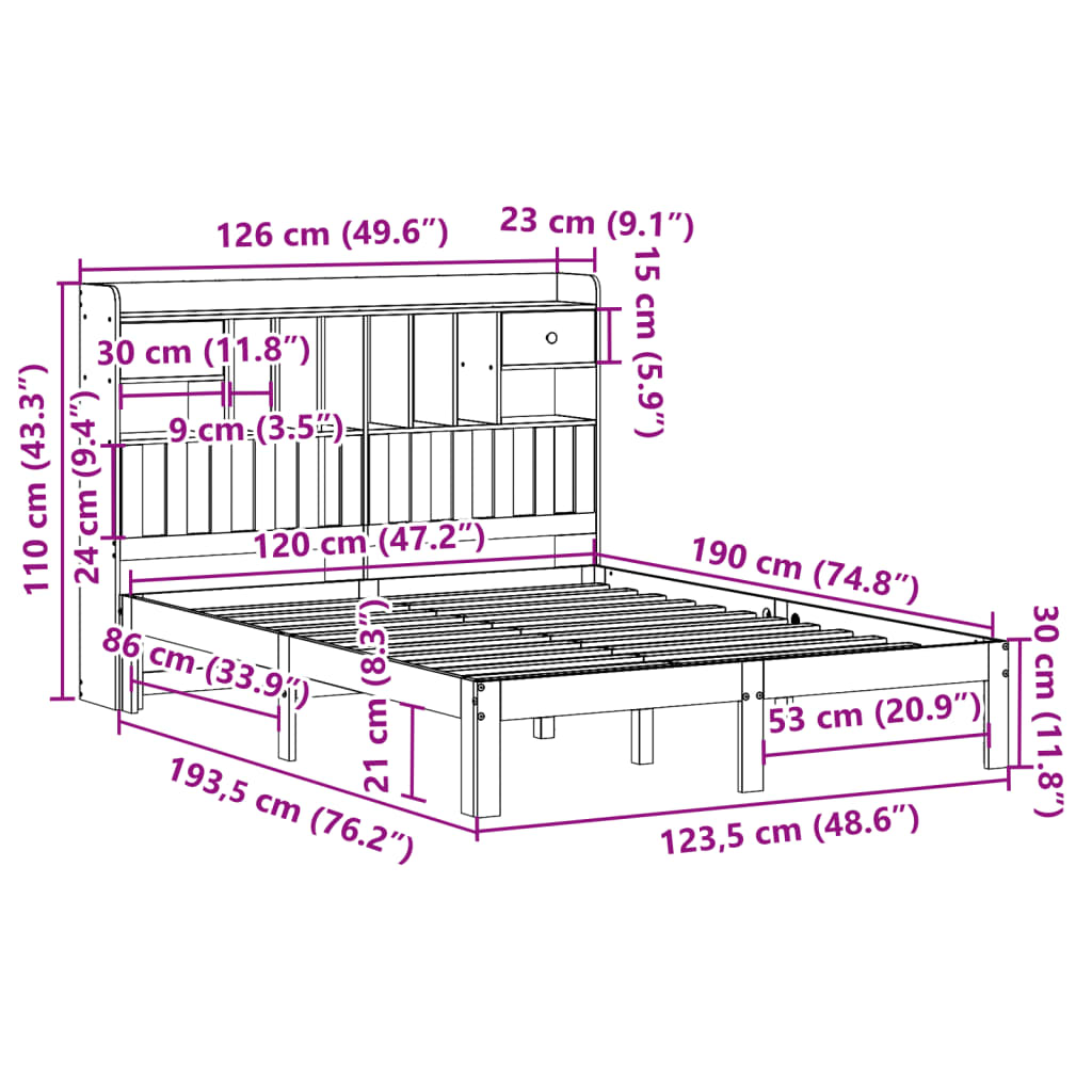 Cama com estante sem colchão 120x190 cm pinho maciço branco