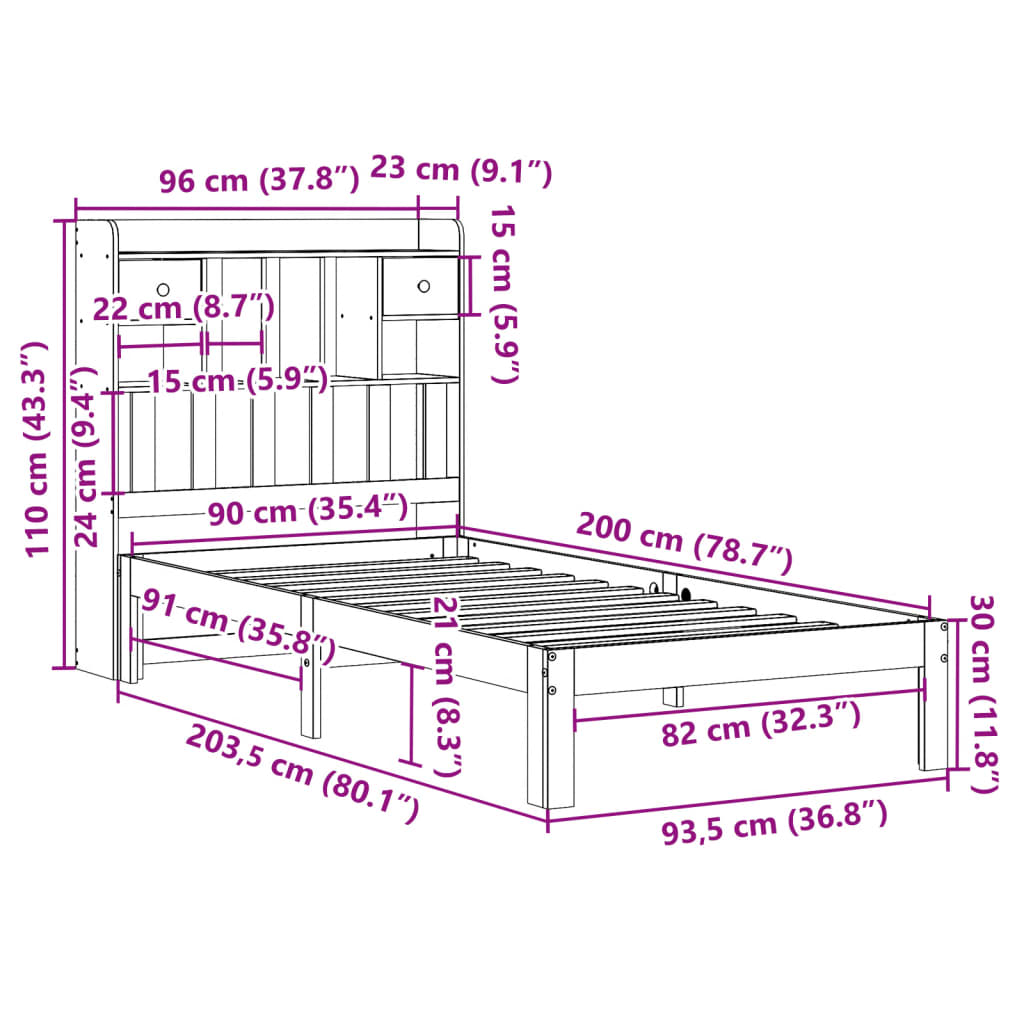 Cama com estante sem colchão 90x200 cm pinho maciço