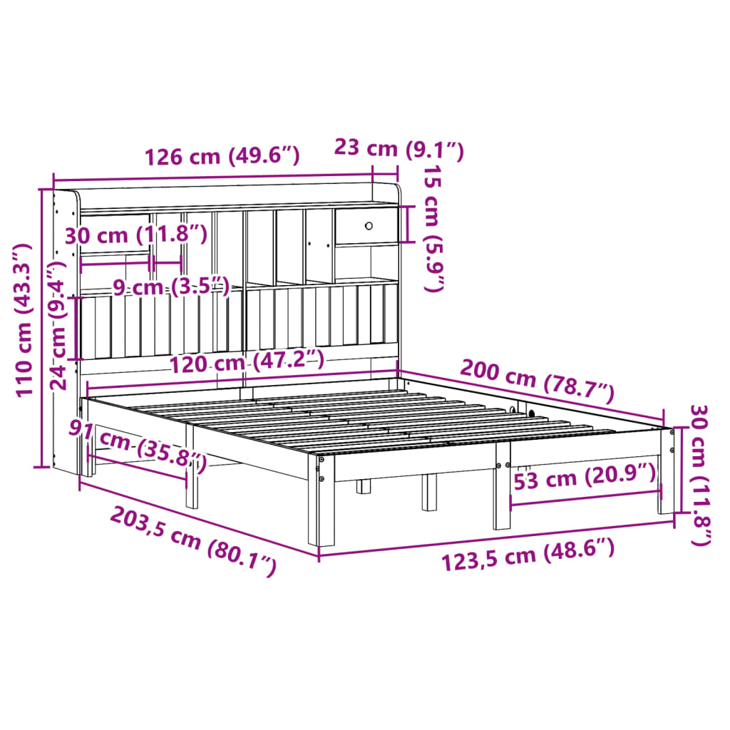 Cama com estante sem colchão 120x200 cm pinho maciço