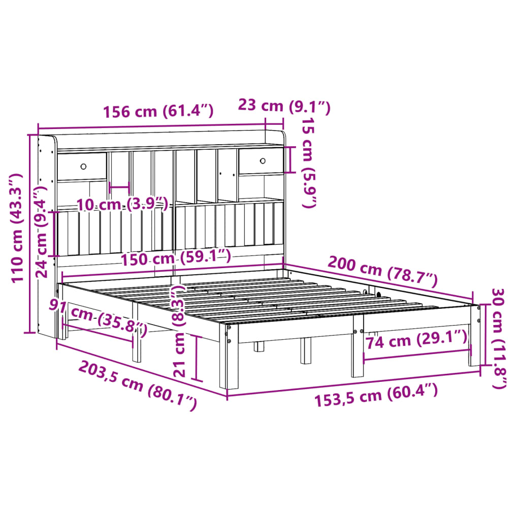 Cama com estante sem colchão 150x200 cm pinho maciço