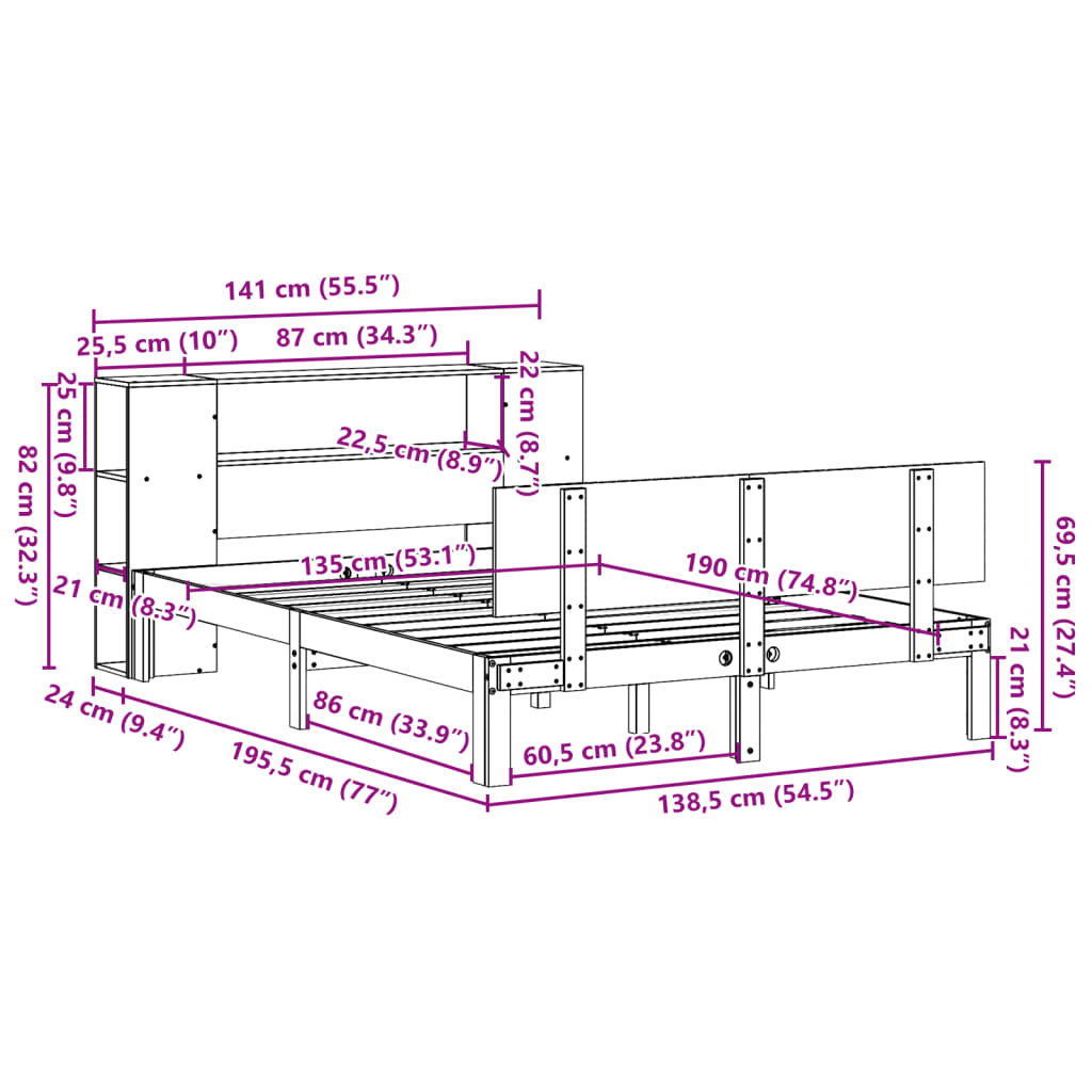 Cama com estante sem colchão 135x190 cm pinho maciço