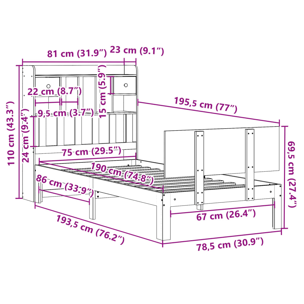 Cama com estante sem colchão 75x190 cm pinho maciço