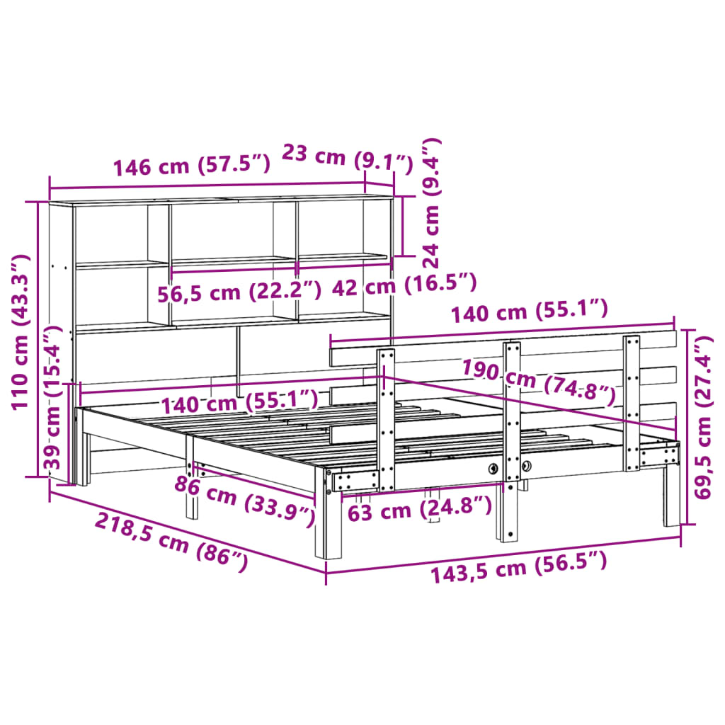 Cama com estante sem colchão 140x190 cm pinho maciço