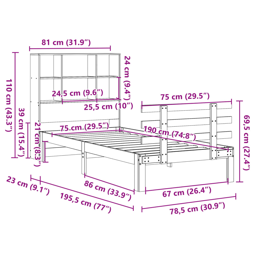 Cama com estante sem colchão 75x190cm pinho maciço castanho-mel