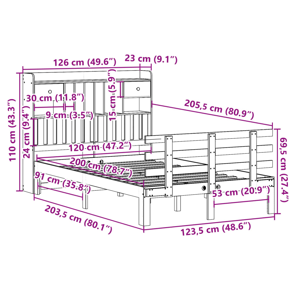 Cama com estante sem colchão 120x200 cm pinho maciço branco