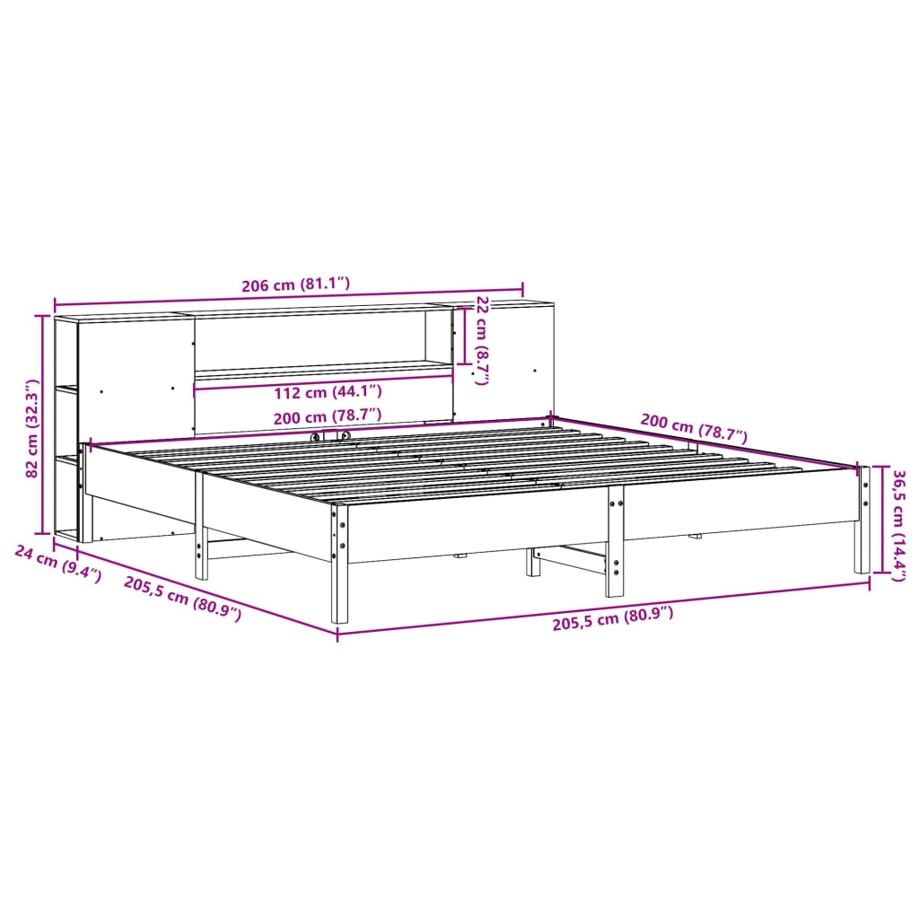 Cama com estante sem colchão 200x200 cm pinho maciço