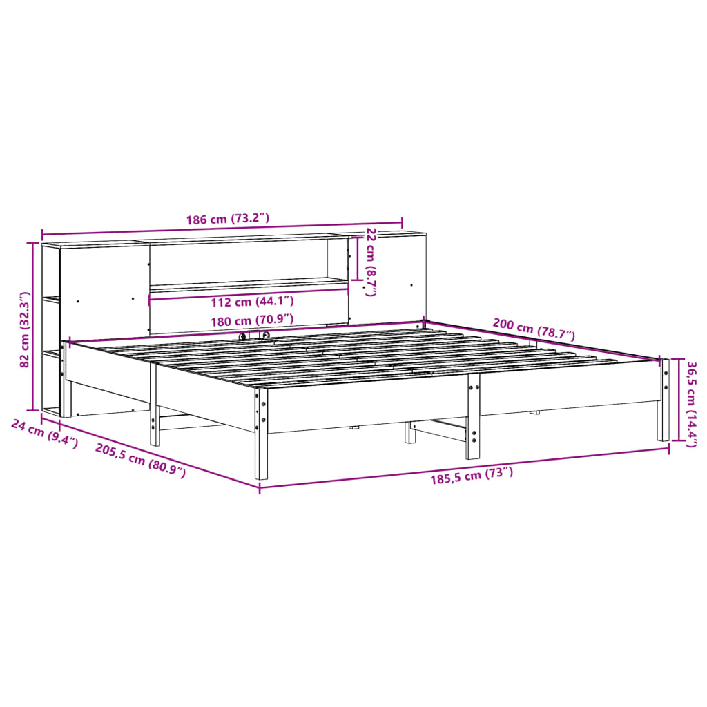 Cama com estante sem colchão 180x200 cm pinho maciço branco