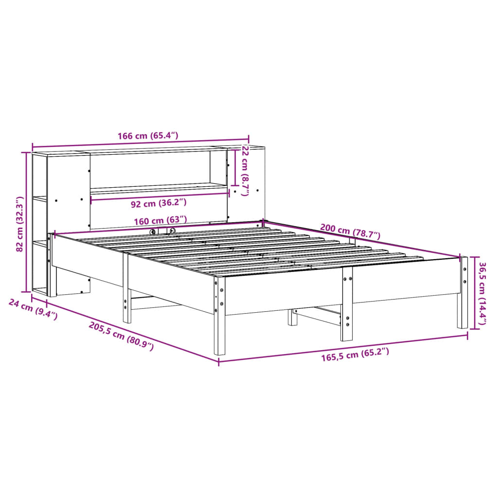 Cama com estante sem colchão 160x200 cm pinho maciço branco