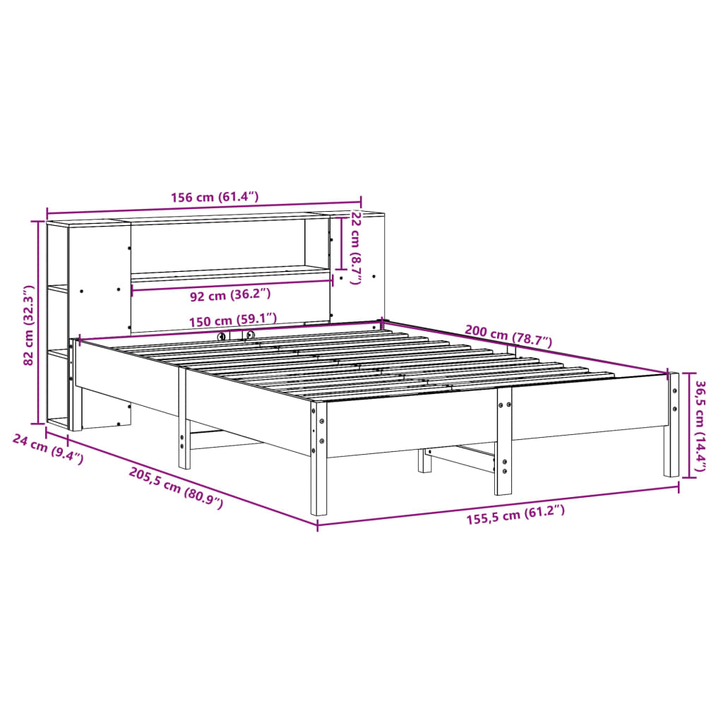 Cama com estante sem colchão 150x200 cm pinho maciço