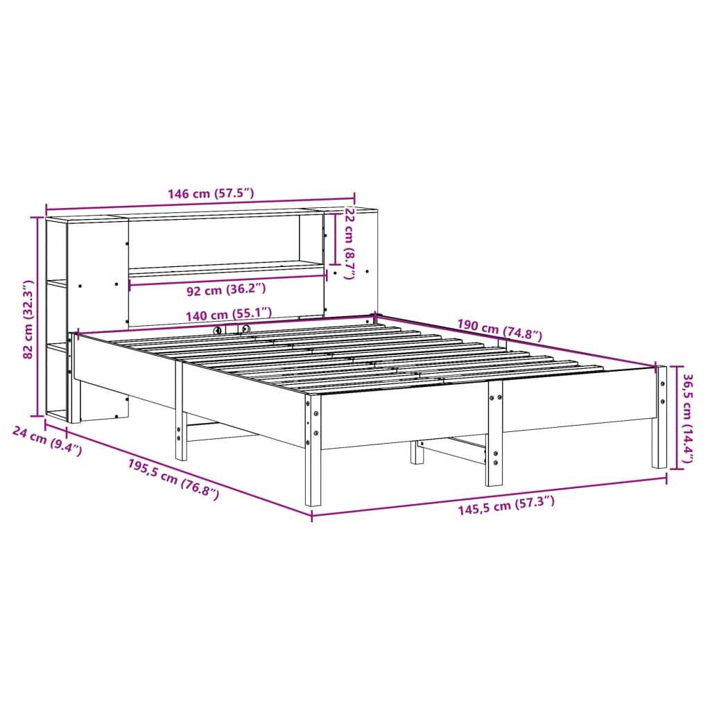 Cama com estante sem colchão 140x190 cm pinho maciço branco