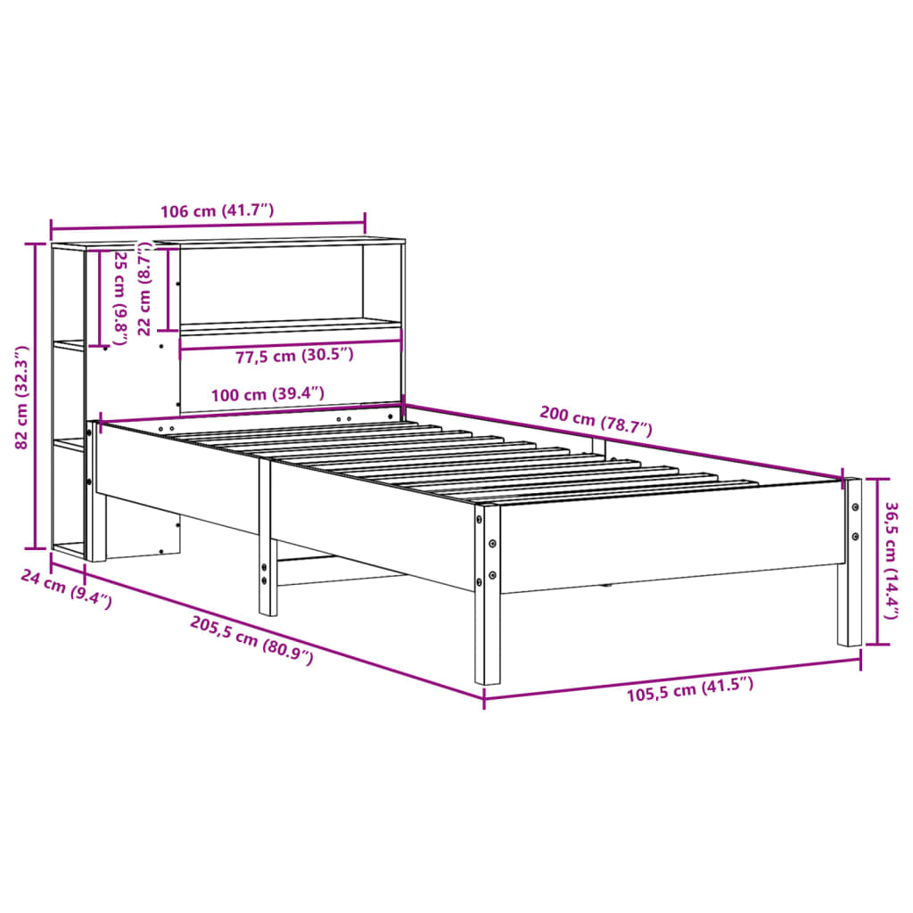 Cama com estante sem colchão 100x200 cm pinho maciço branco