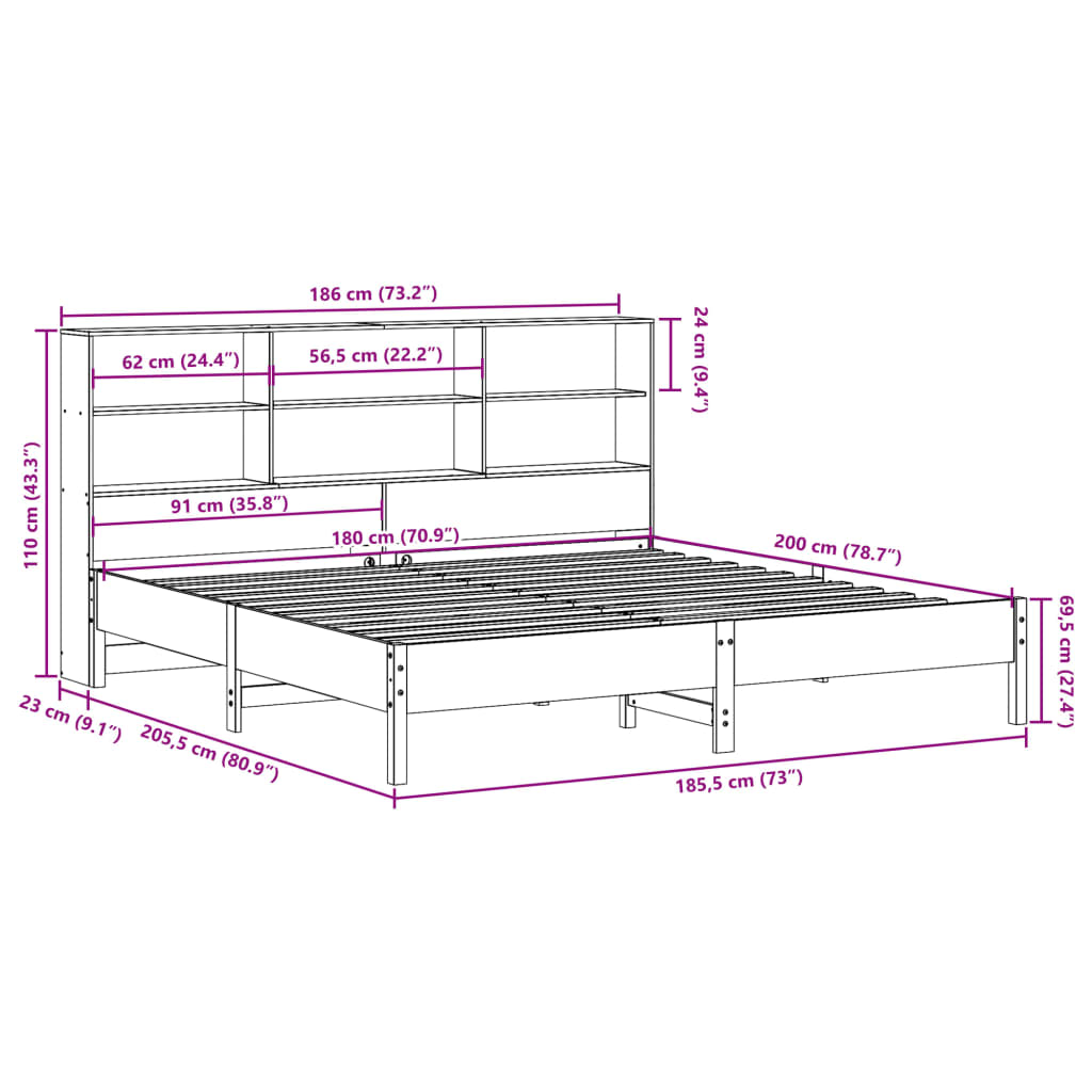 Cama com estante sem colchão 180x200 cm pinho maciço branco