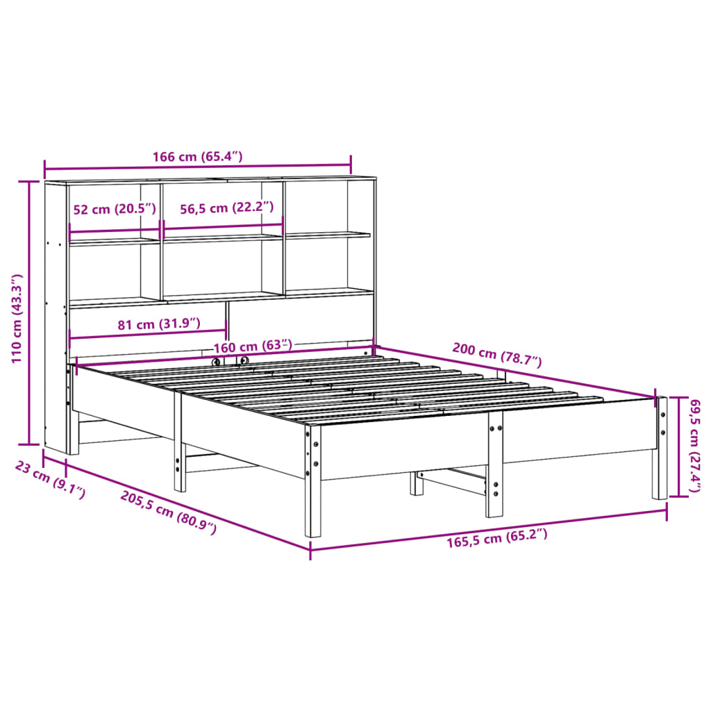 Cama com estante sem colchão 160x200 cm pinho maciço