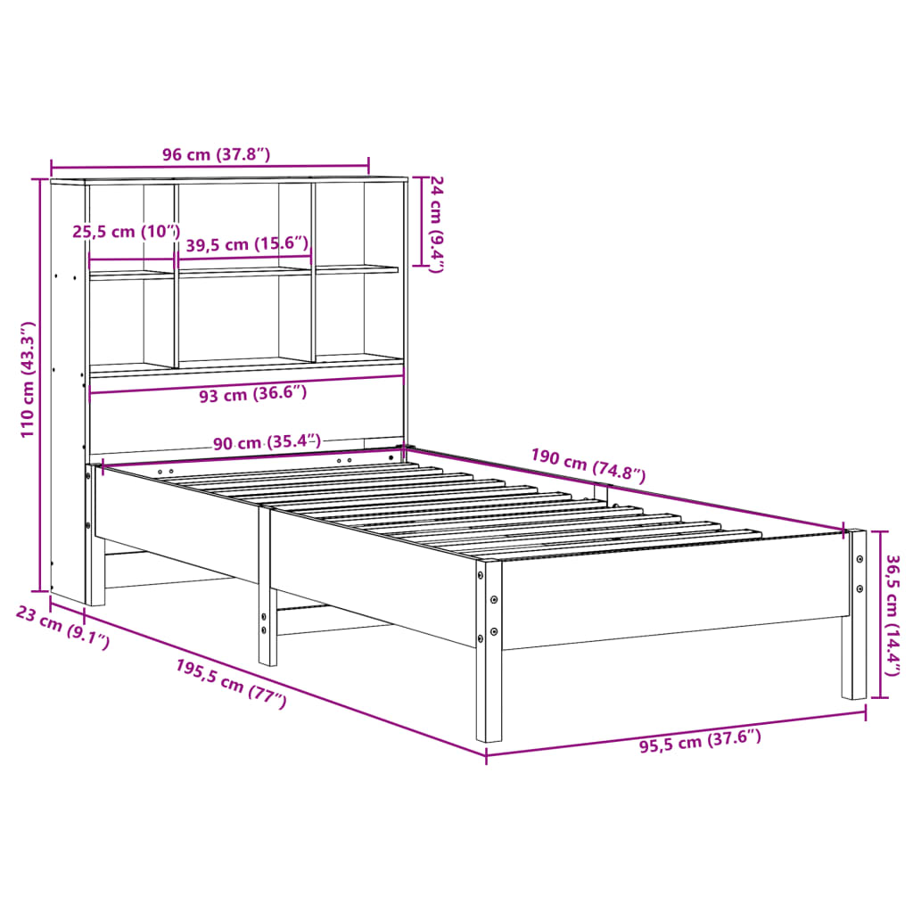 Cama com estante sem colchão 90x190cm pinho maciço castanho-mel