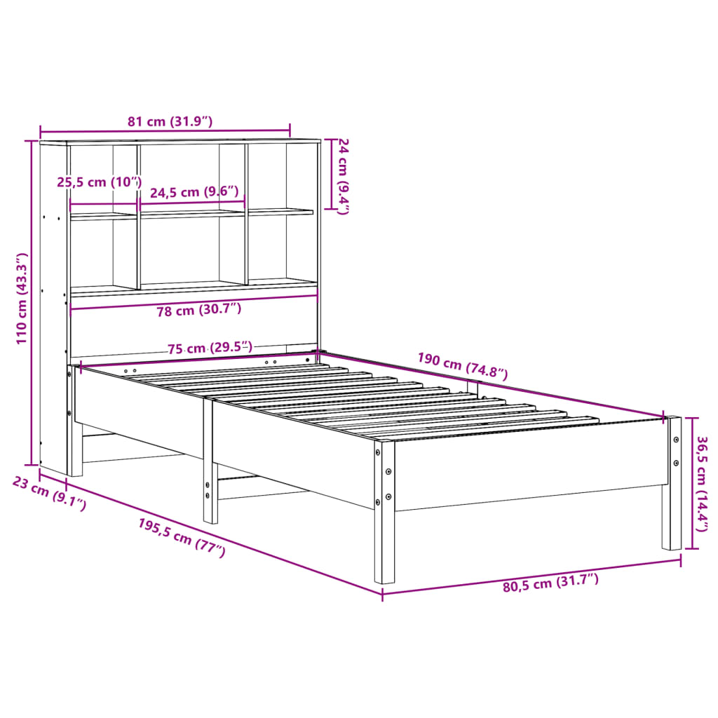 Cama com estante sem colchão 75x190 cm pinho maciço branco