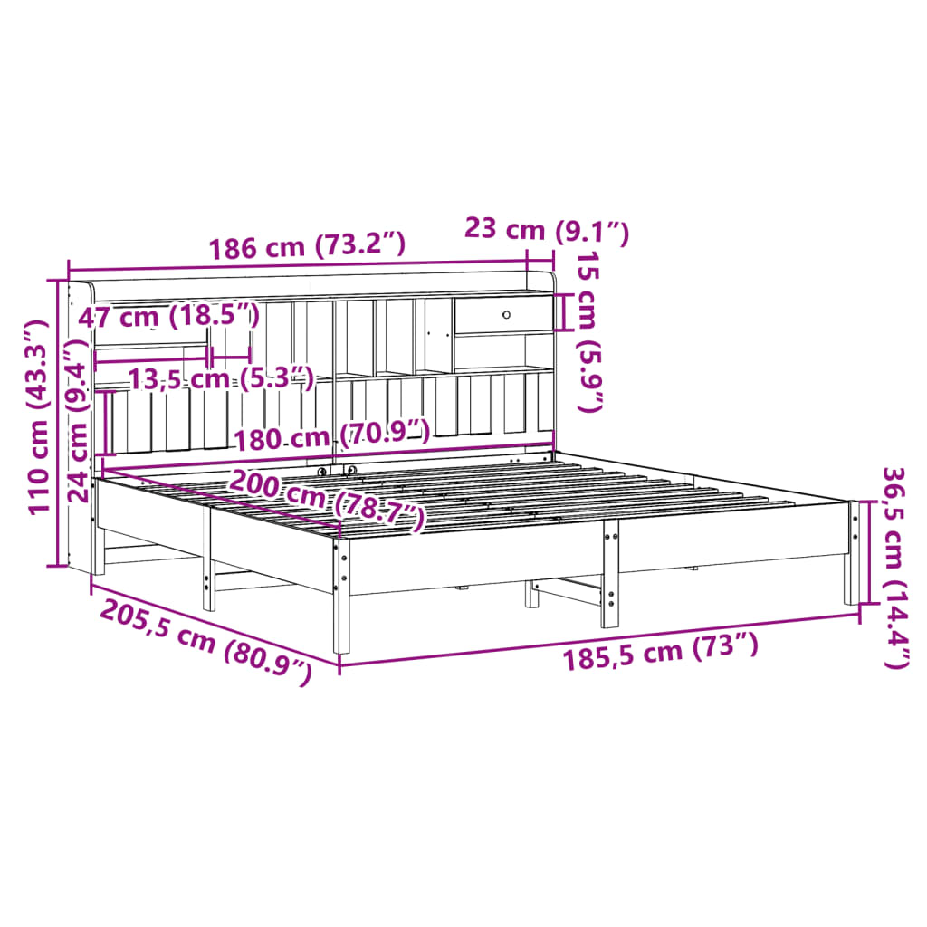 Cama com estante sem colchão 180x200 cm pinho maciço