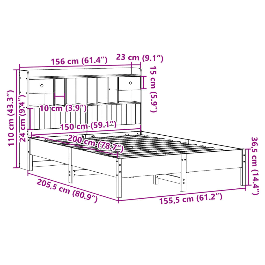 Cama com estante sem colchão 150x200 cm pinho maciço