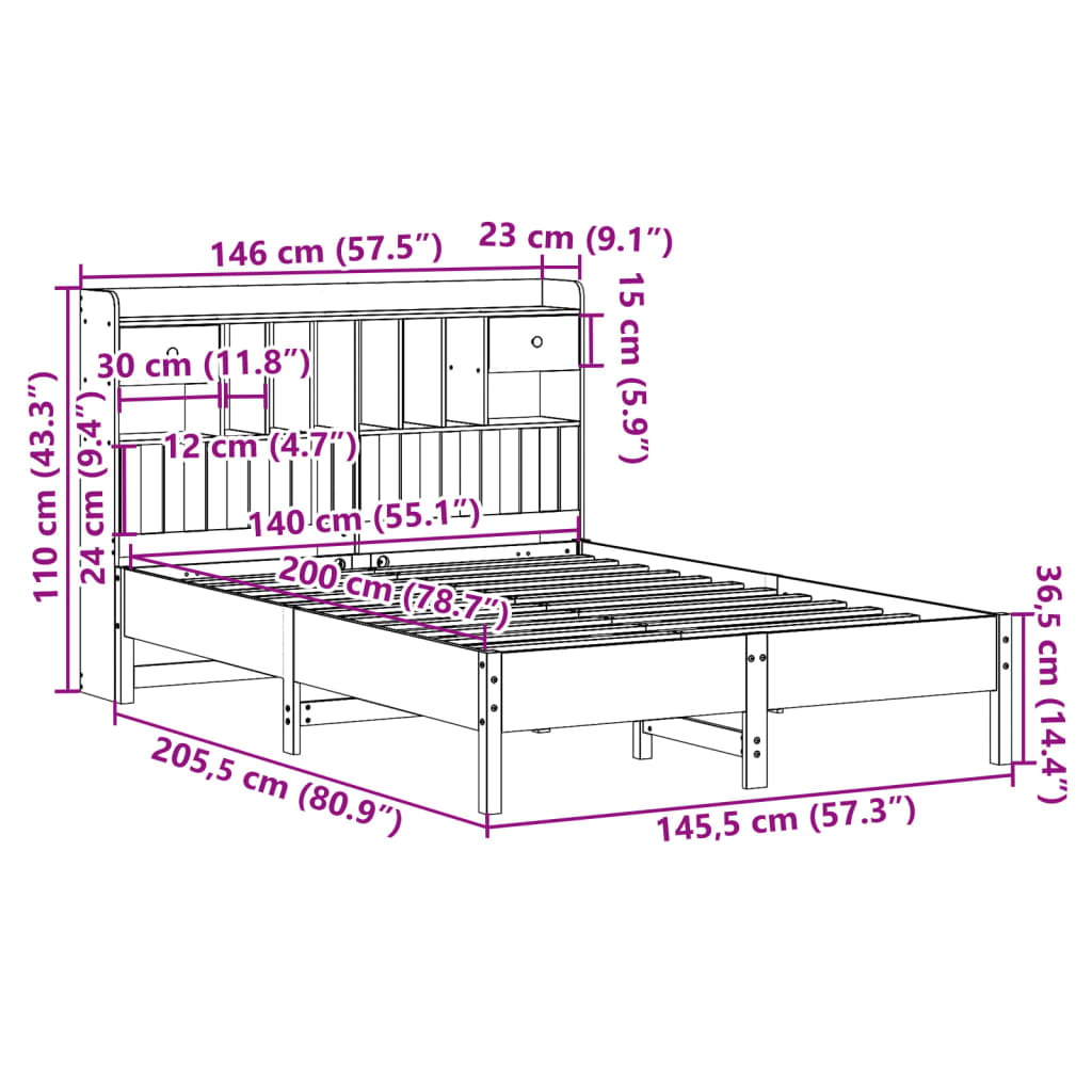 Cama com estante sem colchão 140x200 cm pinho maciço