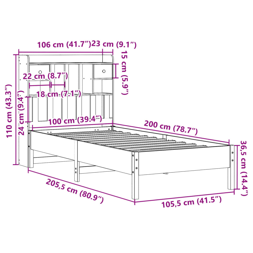 Cama com estante sem colchão 100x200 cm pinho maciço