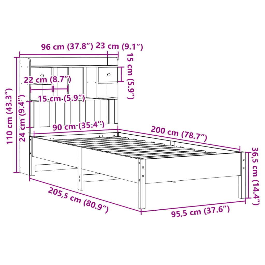 Cama com estante sem colchão 90x200 cm pinho maciço