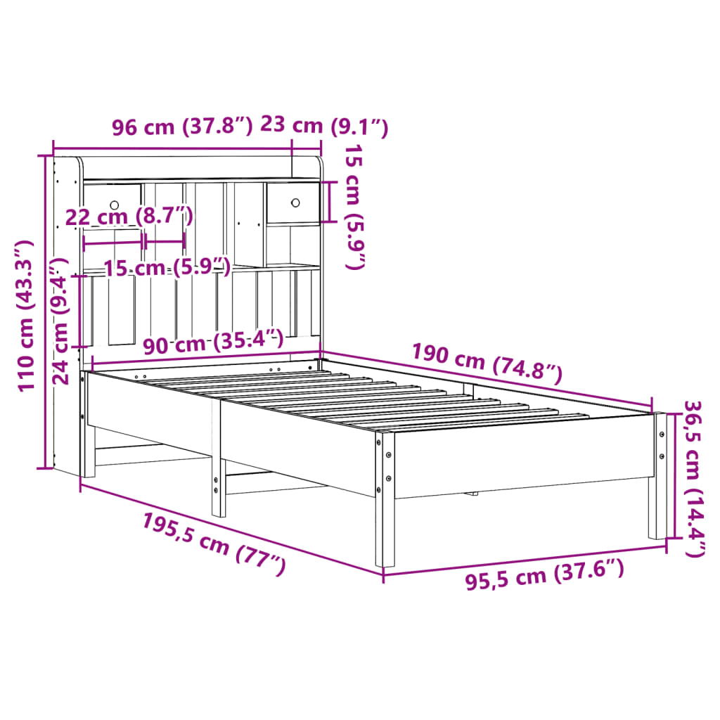 Cama com estante sem colchão 90x190 cm pinho maciço