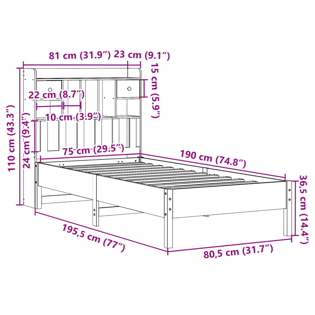 Cama com estante sem colchão 75x190 cm pinho maciço