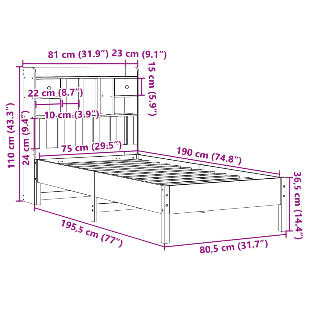 Cama com estante sem colchão 75x190 cm pinho maciço branco