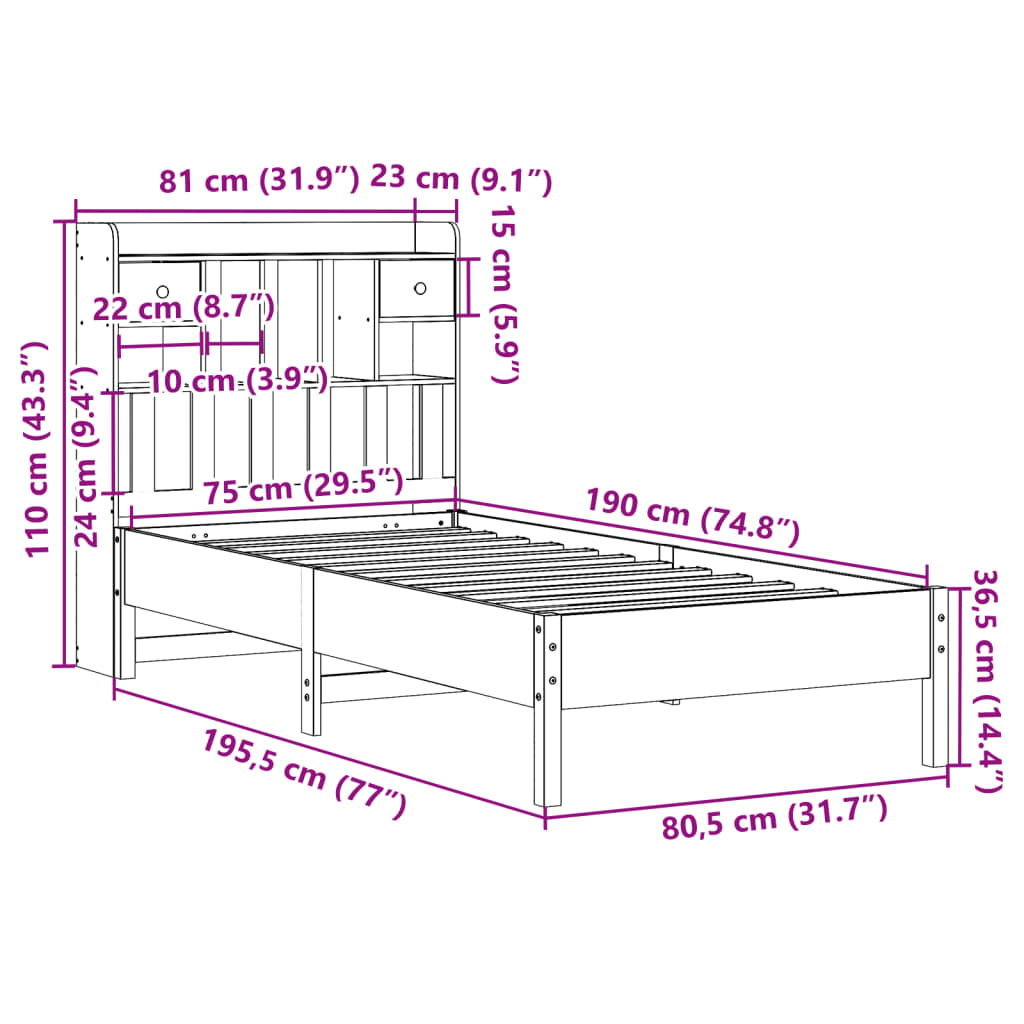 Cama com estante sem colchão 75x190cm pinho maciço castanho-mel