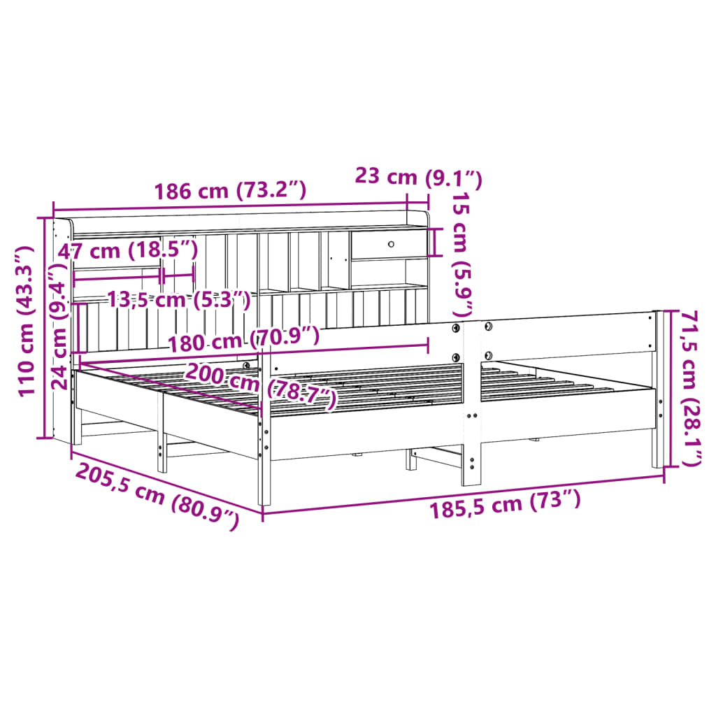 Cama com estante sem colchão 180x200 cm pinho maciço branco