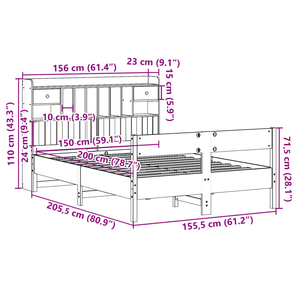 Cama com estante sem colchão 150x200 cm pinho maciço