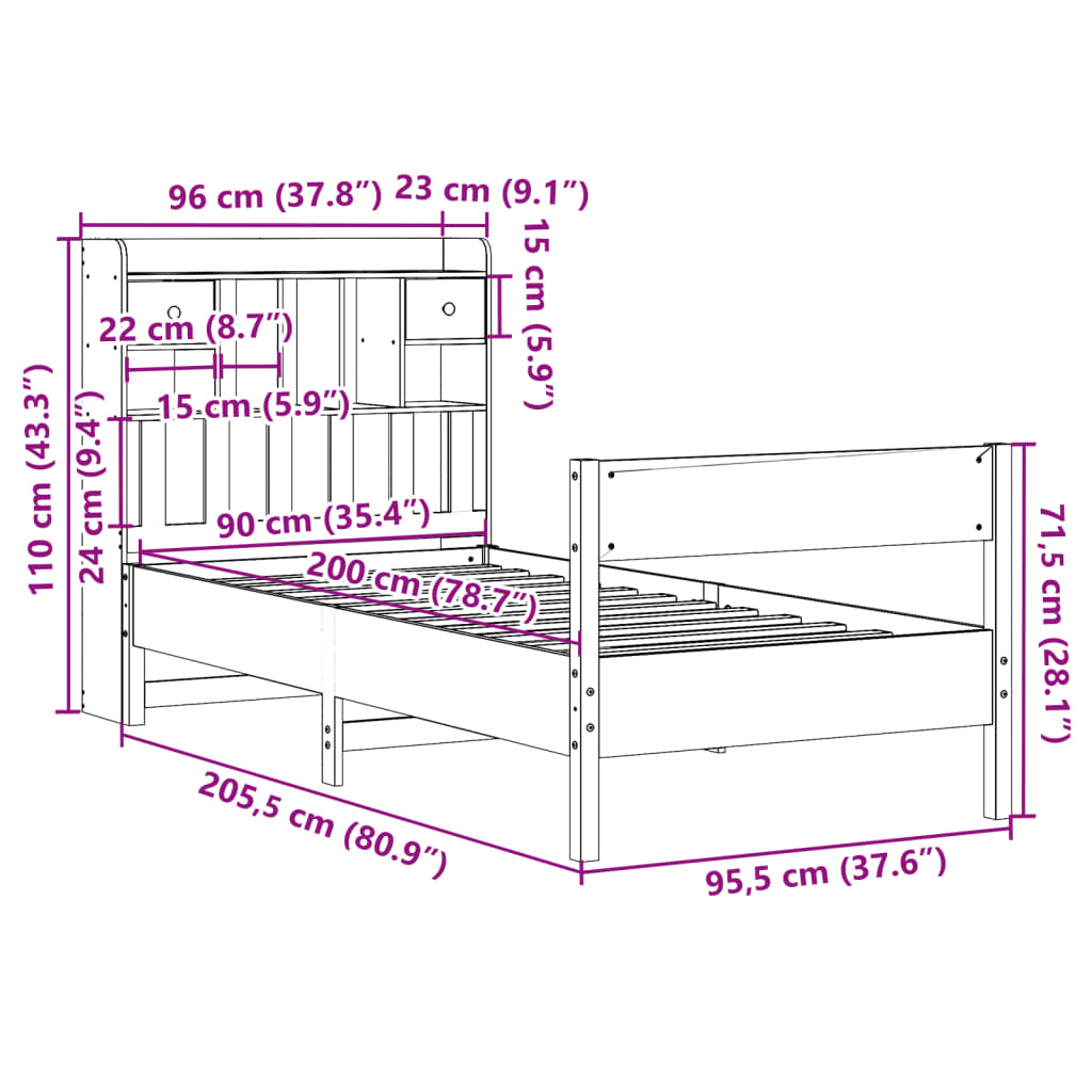 Cama com estante sem colchão 90x200 cm pinho maciço branco