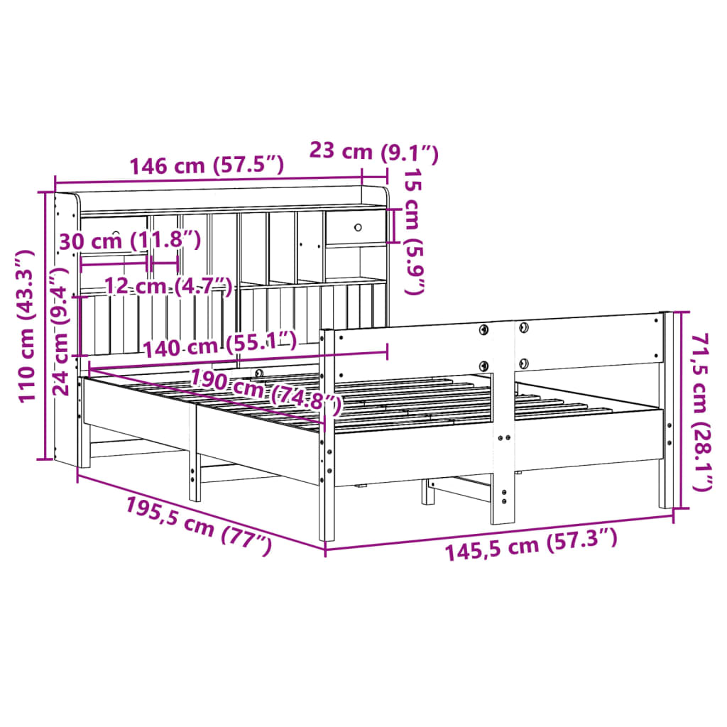 Cama com estante sem colchão 140x190 cm pinho maciço