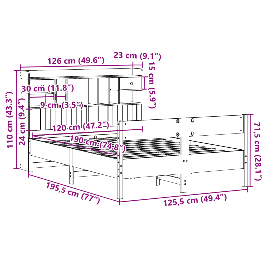 Cama com estante sem colchão 120x190 cm pinho maciço