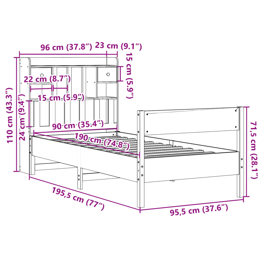 Cama com estante sem colchão 90x190 cm pinho maciço branco