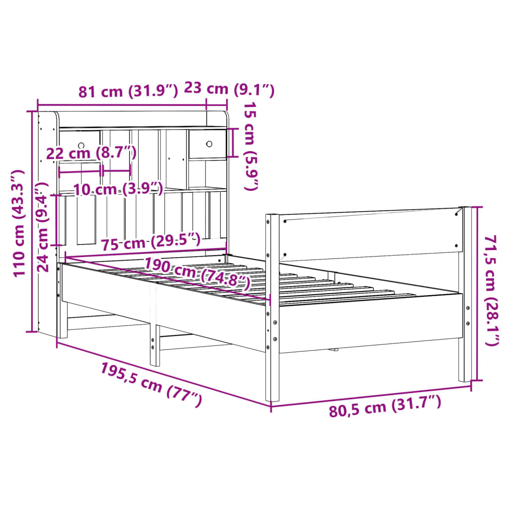 Cama com estante sem colchão 75x190 cm pinho maciço