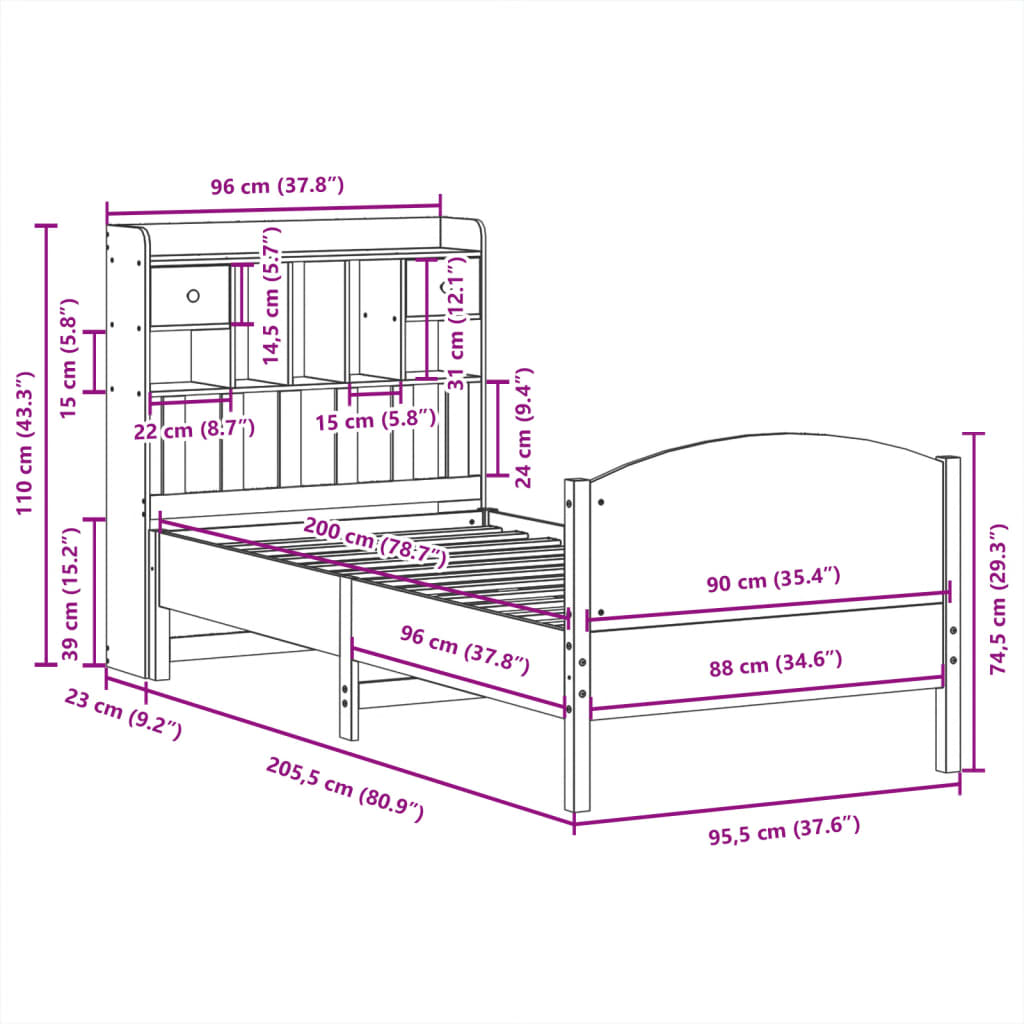 Cama com estante sem colchão 90x200cm pinho maciço castanho-mel